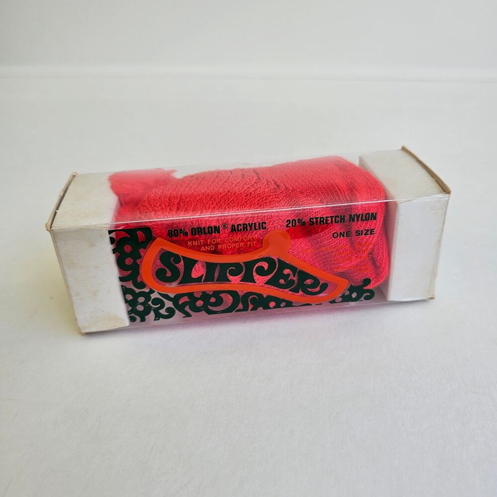 Orlon Slipper Socks Red Stretch Knit Nylon PomPom Vintage 70s One Size Vtg